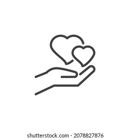 Hand giving hearts line icon. linear style sign for mobile concept and web design. Hearts in hand outline vector icon. Charity, love symbol, logo illustration. Vector graphics