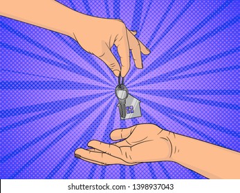 Hand giving home keys. Purchase or rental real estate concept.  Pop Art vintage vector illustration
