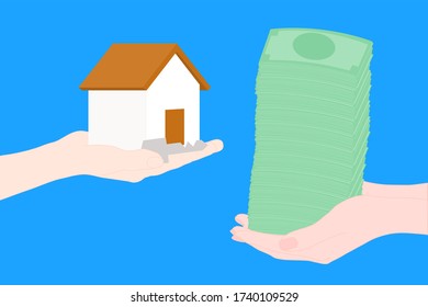 Hand is giving the house and key to the other hand that hold a lot of money cash. Lease or rent house. Buy or sell building. Loan mortgage concept. Estate investment. 