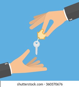 Hand giving house keys to another hand. Receiving house keys concept. Flat design