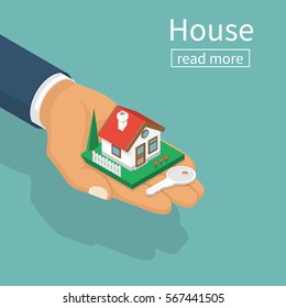 Hand giving house keys isometric design. Vector illustration flat style. Real estate agent handing holding in palm home and key. Template for sale, rent home.