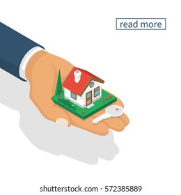 Hand giving house keys isometric design, isolated on white background. Vector illustration flat style. Real estate agent handing holding in palm home and key. Template for sale, rent home.