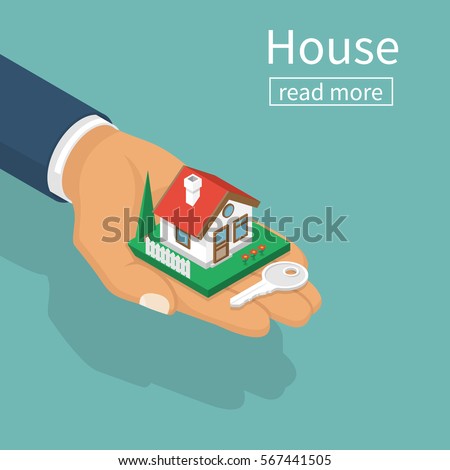Hand giving house keys isometric design. Vector illustration flat style. Real estate agent handing holding in palm home and key. Template for sale, rent home.