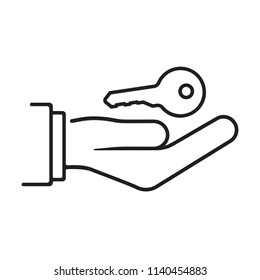 Hand giving house keys. Thin line vector illustration flat minimal design. Real estate agent handing over house keys. Template for sale, rent home. 