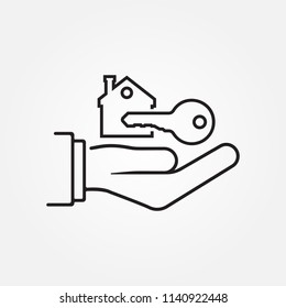 Hand giving house keys. Thin line vector illustration flat minimal design. Real estate agent handing over house keys. Template for sale, rent home. 