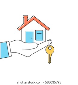 Hand giving house keys. Thin line vector illustration flat minimal design. Real estate agent handing over house keys. Template for sale, rent home.