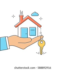 Hand giving house keys. Thin line vector illustration flat minimal design. Real estate agent handing over house keys. Template for sale, rent home. 