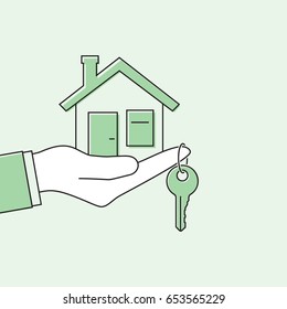 Hand giving house keys. Thin line vector illustration flat minimal design. Real estate agent handing over house keys. Template for sale, rent home.