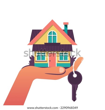Hand giving house keys. Vector illustration flat design. Real estate agent handing over house keys. Template for sale, rent home.