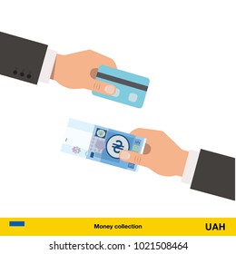 Hand giving  hryvnia banknote and credit card instead. Business finance concept over white background, vector illustration.