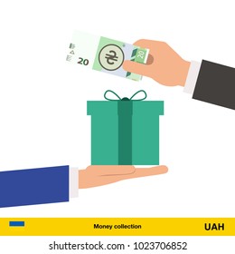 Hand giving  hryvnia banknote and present gift instead. Shopping design over white background, vector illustration.
