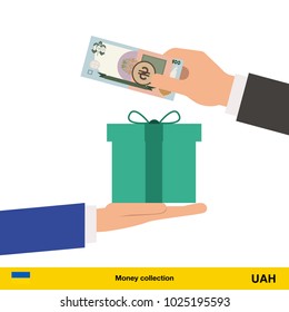 Hand giving  hryvnia banknote and present gift instead. Shopping design over white background, vector illustration.
