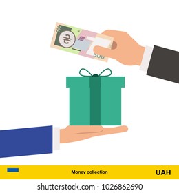 Hand giving Hryvnia banknote and present gift instead. Shopping design over white background, vector illustration.