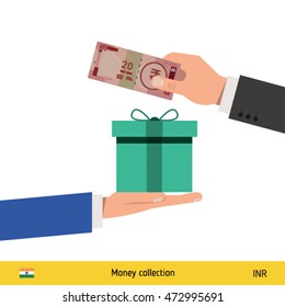 Hand giving Indian Rupee banknote and present gift instead. Shopping design over white background, vector illustration.