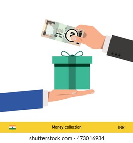 Hand giving Indian Rupee banknote and present gift instead. Shopping design over white background, vector illustration.