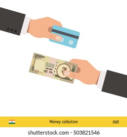 Hand giving Indian rupee banknote and credit card instead. Business finance concept over white background, vector illustration.