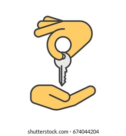Hand giving key to another hand color icon. Real estate market deal. Homebuyer. Private property purchase. Isolated vector illustration