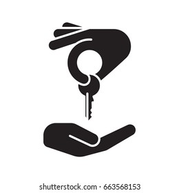 Hand giving key to another hand glyph icon. Homebuyer silhouette symbol. Real estate market deal. Negative space. Vector isolated illustration