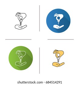 Hand giving key to another hand icon. Flat design, linear and color styles. Real estate market deal. Homebuyer. Private property purchase. Isolated vector illustrations