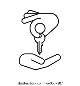 Hand giving key to another hand linear icon. Realty purchase thin line illustration. Real estate market deal. Homebuyer. Contour symbol. Private property purchase. Vector isolated outline drawing