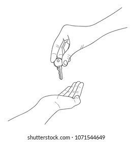 Hand giving key   Handing over key from one person to another  Purchase concept  Line drawing  Vector illustration 