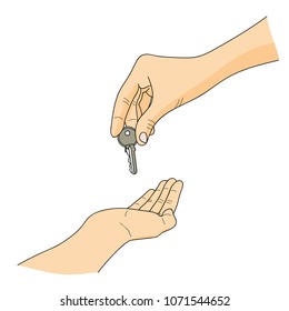 Hand giving key   Handing over key from one person to another  Purchase concept  Vector illustration 