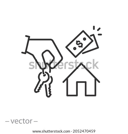 hand giving key of house icon, estate rent, real agent broker, sale new home, dealer or landlord apartment, thin line symbol on white background - editable stroke vector illustration eps10