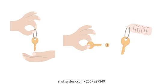 Hand giving key, open lock, door vector illustration. Simple flat real estate, rental, new apartment buying concept icons set.