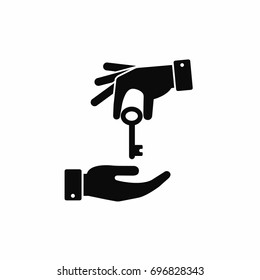 Hand giving a key to other hand icon. Vector black illustration.