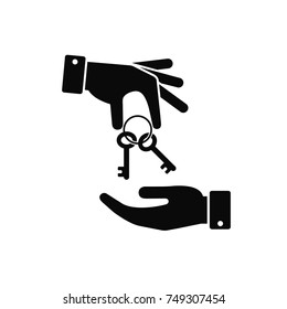 Hand giving key to other hand icon. Real estate, car sale, rent apartments or house concept. Vector flat illustration.