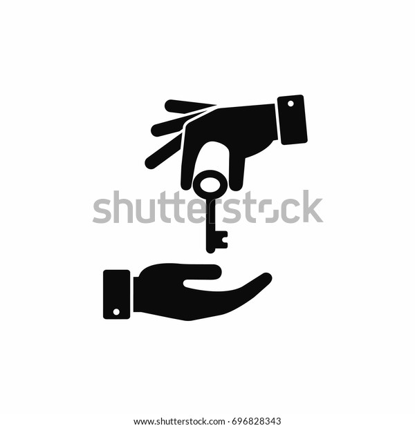 Hand giving a key to other hand icon.\
Vector black\
illustration.