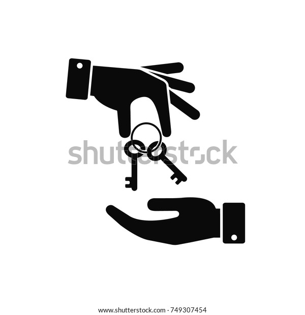 Hand giving key to other hand icon. Real\
estate, car sale, rent apartments or house concept. Vector flat\
illustration.