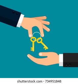 Hand giving key to other hand illustration. Real estate, car sale, rent apartments or house concept. Vector flat illustration.