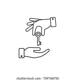 Hand Giving A Key To Other Hand. Vector Outline Illustration.