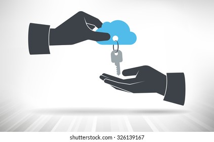 Hand giving keys to cloud. Concept of cloud access handed over from one person to another.