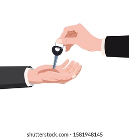 Hand giving keys ome, real estate property purchase, rent, sale buying concept. Vector isolated cartoon style isolated