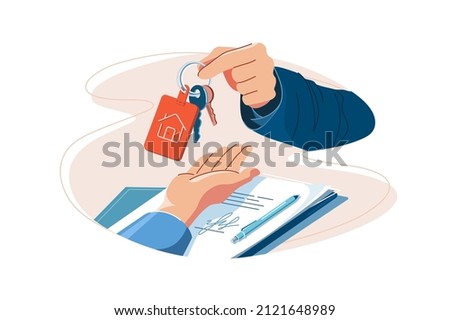 Hand giving keys over contract paper on house vector illustration. Agent sell apartment or house flat style. Real estate, investment concept