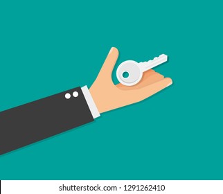 Hand giving keys. Vector illustration in trendy flat style
