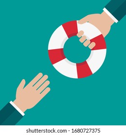 Hand giving a lifebuoy to another hand. Help, support, survival or investment symbol. red and blue lifebelt, swimming rubber ring. save business concept. vector illustration in flat style. 