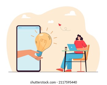 Hand giving light bulb to girl sitting at table. Woman working at home, brainstorming, having genius idea flat vector illustration. Innovation concept for banner, website design or landing web page