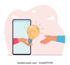 Mano dando bombilla desde la pantalla del teléfono móvil. Persona que recibe información digital e ideas en línea ilustraciones planas vectoriales. Concepto de innovación para banner, diseño de sitios web o página web de aterrizaje