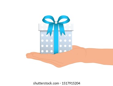 Hand giving luxury blue gift box vector illustration