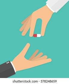  Hand giving medicine pill to another hand. Doctor giving medicine pill to his patient concept. Vector illustration in flat style