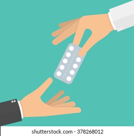 Hand giving medicine pills in a blister pack to another hand. Vector illustration in flat style