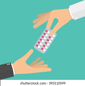 Hand giving medicine pills in a blister pack to another hand. Vector illustration in flat style