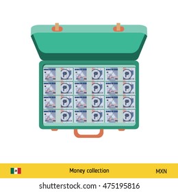Hand giving Mexican Peso banknote and present gift instead. Shopping design over white background, vector illustration. 
