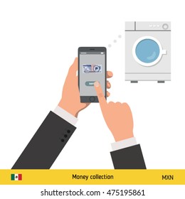 Hand giving Mexican Peso banknote and present gift instead. Shopping design over white background, vector illustration. 