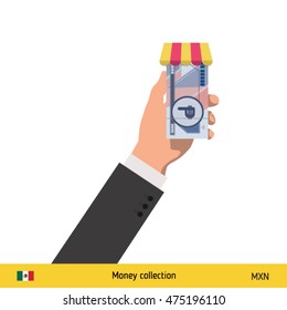Hand giving Mexican Peso banknote and present gift instead. Shopping design over white background, vector illustration. 