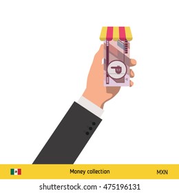 Hand giving Mexican Peso banknote and present gift instead. Shopping design over white background, vector illustration. 