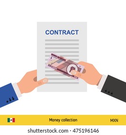 Hand giving Mexican Peso banknote and present gift instead. Shopping design over white background, vector illustration. 